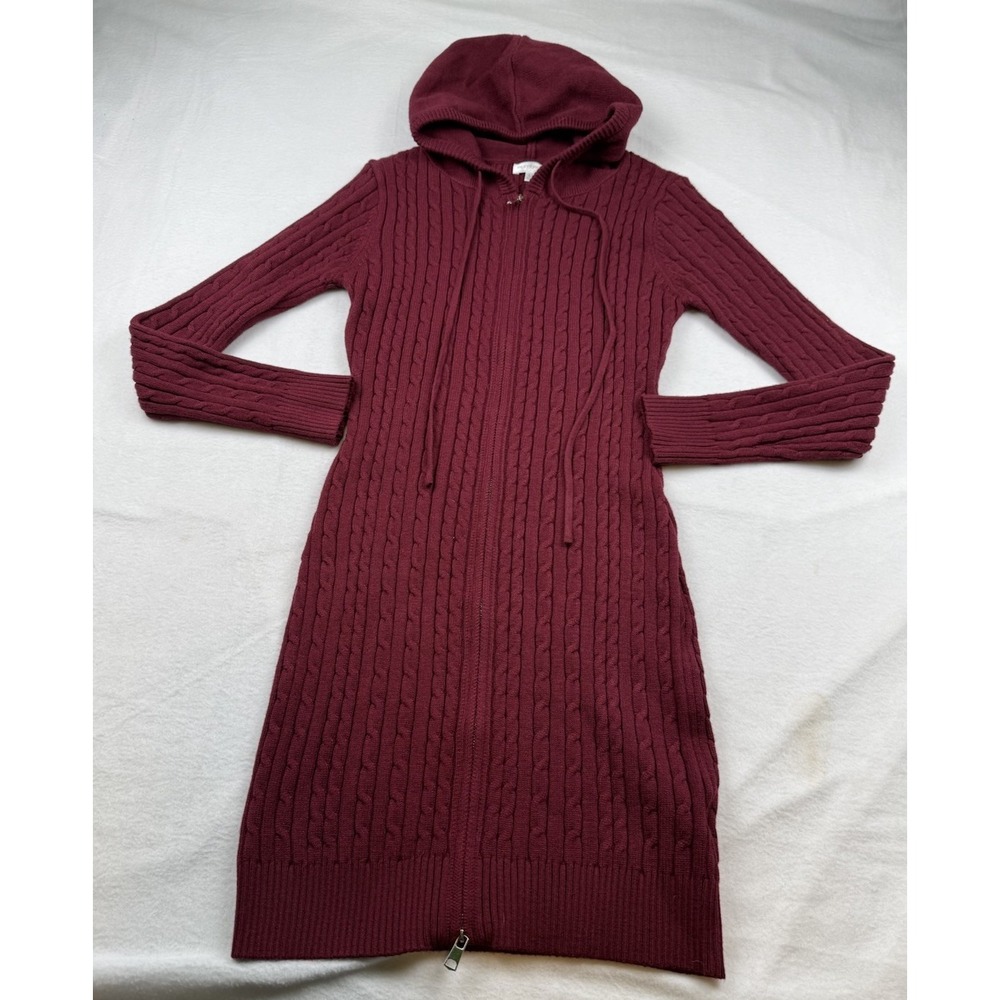 Riley & James Bodycon Full Zip Hooded Cable Knit Sweater Dress EUC Wine